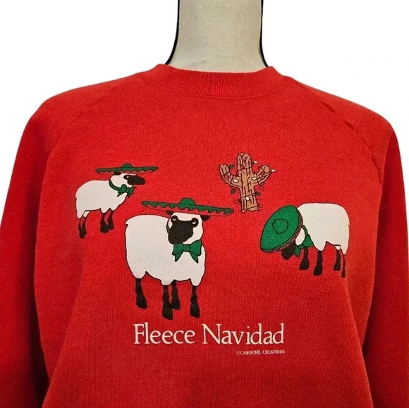 Vintage 90s Christmas Pun Fleece Feliz  Navidad Sheep Sobrero Red Crewneck - Picture 2 of 5